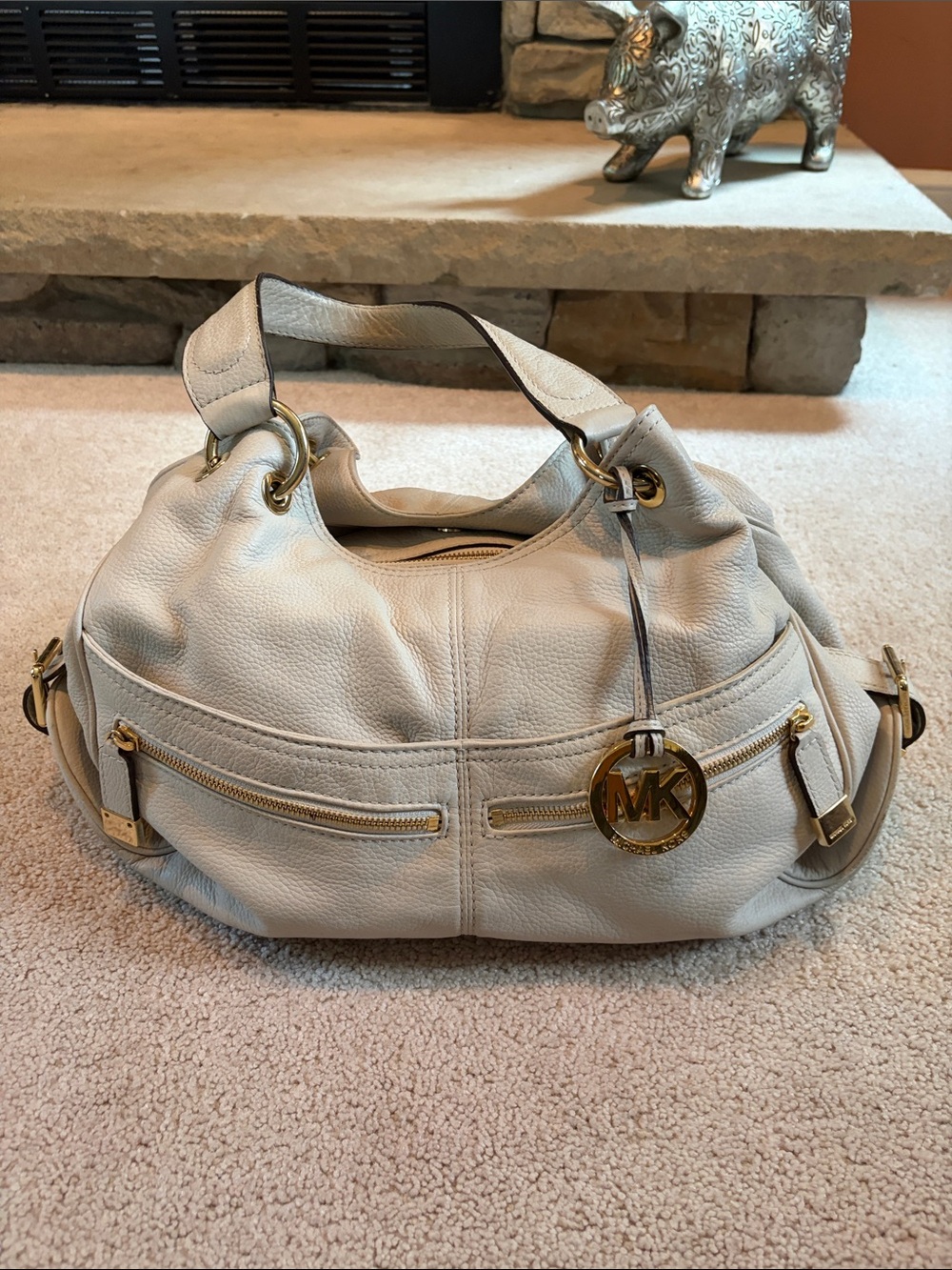 Michael Kors Ivory Leather Hobo with Gold-Tone MK Charm